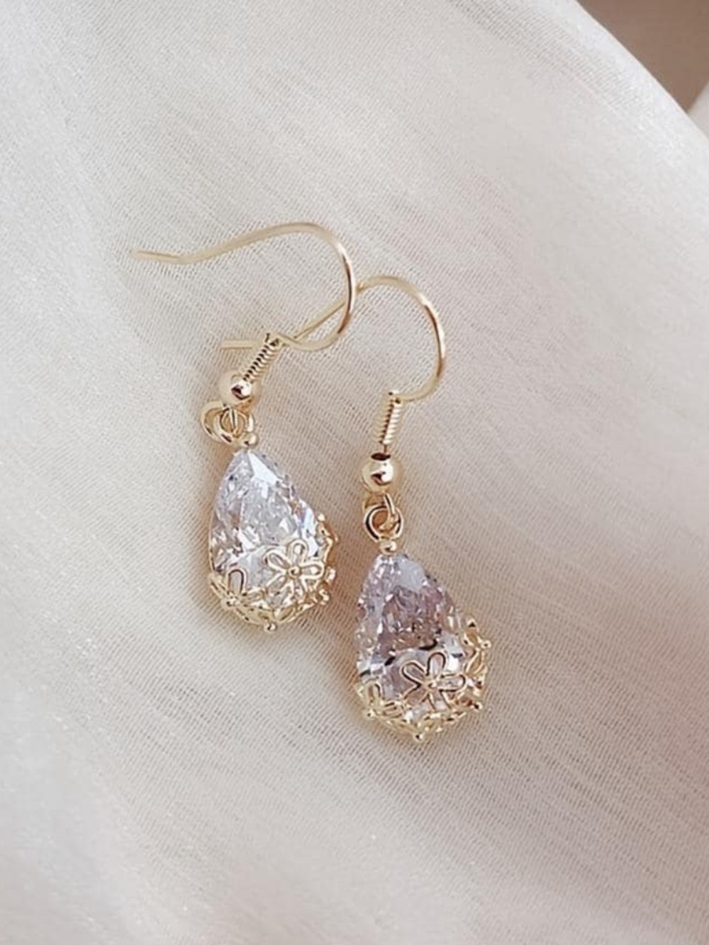 Yellow Gold Teardrop Crystal Dangle Earrings